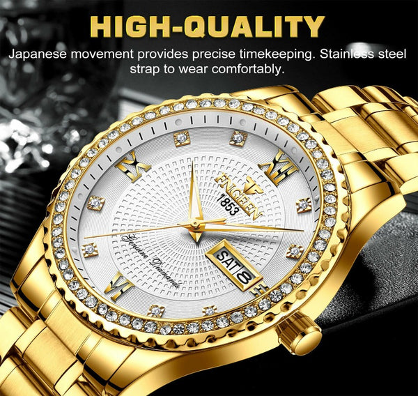 Men's Watch Gold Relojes De Hombre Classic Stainless Steel Quartz Diamond Watch Mostore.com