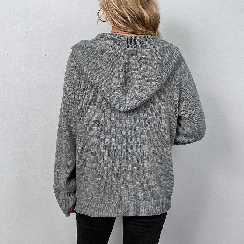 Solid Color Hooded Single-breasted Sweater Women's Cardigan Coat American Varieties