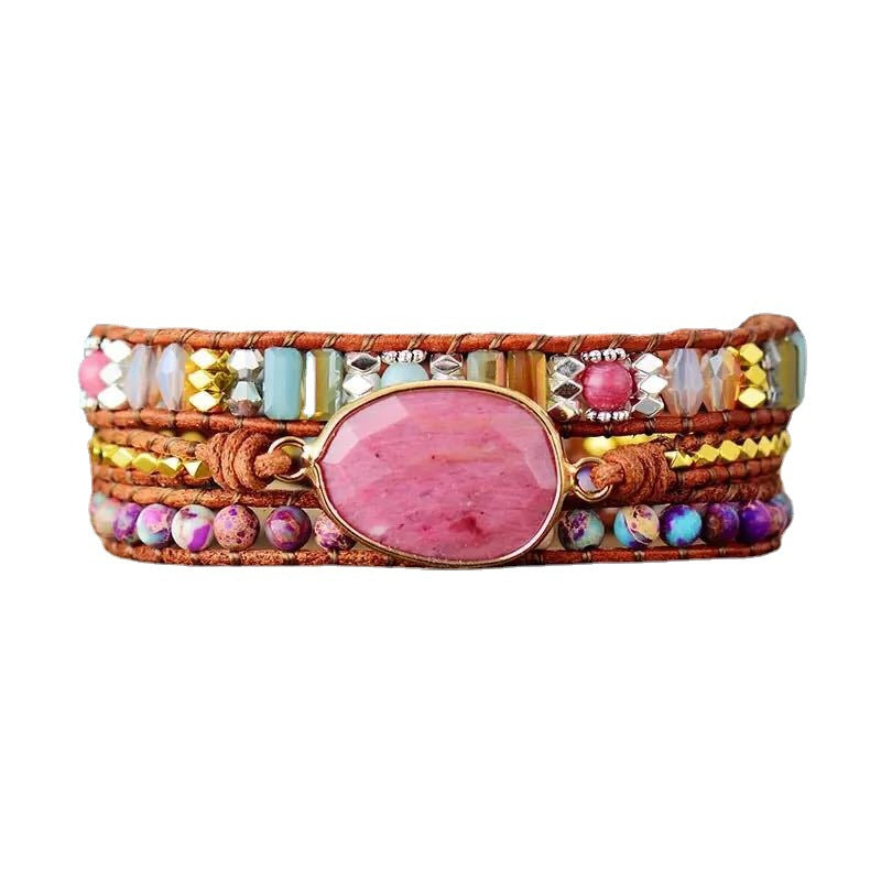Ethnic Style Red Wood Grain Leather Rope Crystal Bracelet Mostore.com