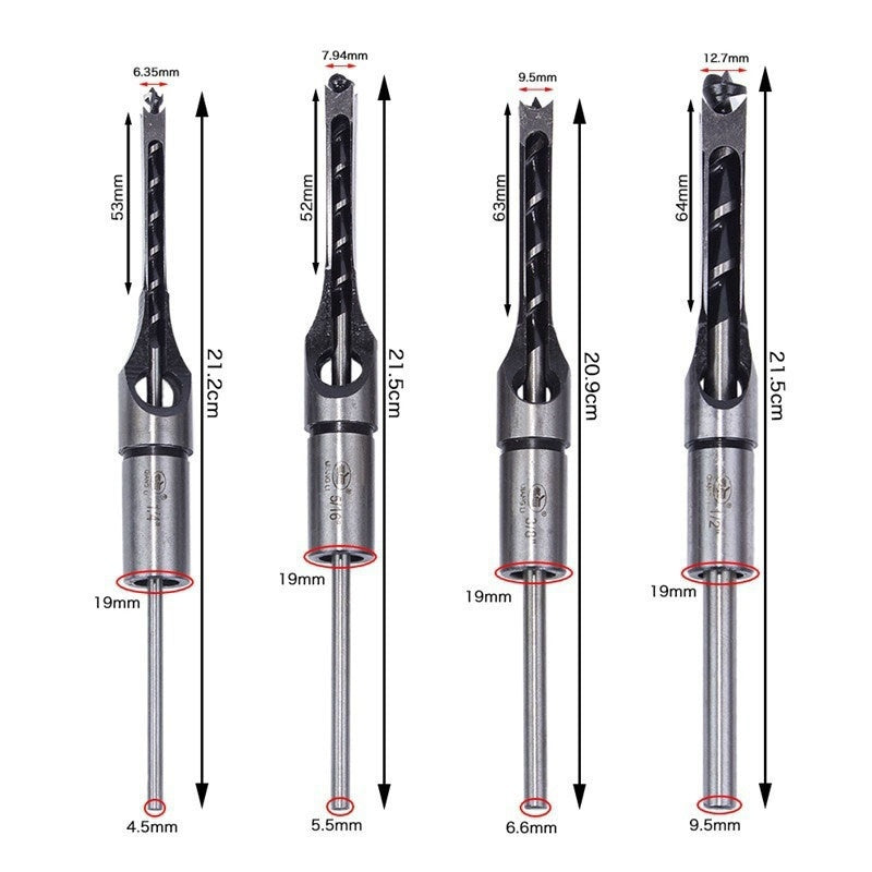 Square Auger Drill Bit Cut Mortising Chisel Woodworking Tool Set American Varieties