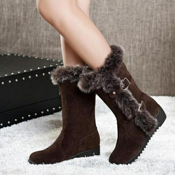 Brown New Winter Women Casual Warm Fur Mid-Calf Boots Shoes Women Slip-On Round Toe Flats Snow Boots Shoes Mostore.com