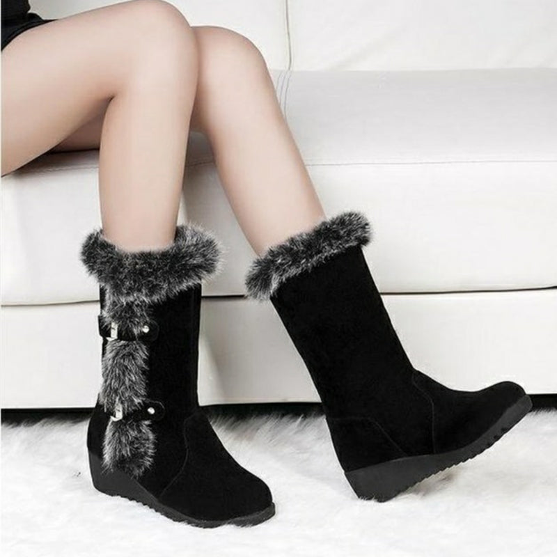 Brown New Winter Women Casual Warm Fur Mid-Calf Boots Shoes Women Slip-On Round Toe Flats Snow Boots Shoes Mostore.com