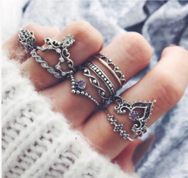 Purple Diamond Ring Set Hollow Twist Palm Crown Joint Combination 10 Pieces Mostore.com