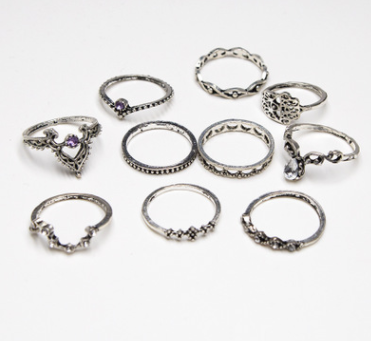 Purple Diamond Ring Set Hollow Twist Palm Crown Joint Combination 10 Pieces Mostore.com