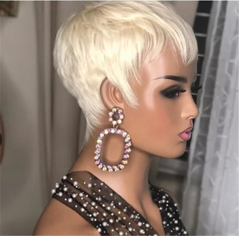 Ladies Fashion Short Straight Hair Golden Synthetic Fluffy High Temperature Silk Wig Hair Set Mostore.com