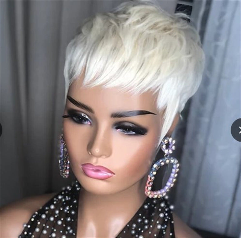 Ladies Fashion Short Straight Hair Golden Synthetic Fluffy High Temperature Silk Wig Hair Set Mostore.com