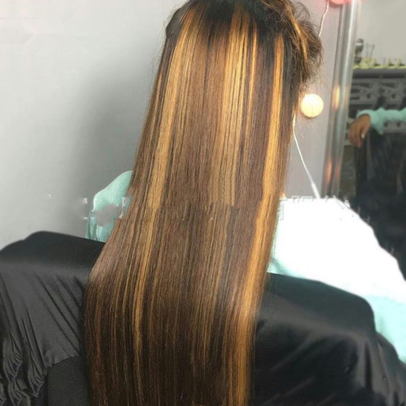 Colored Medium Length Straight Hair Brown-Gold Gradient Chemical Fiber Hair