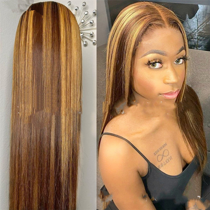 Colored Medium Length Straight Hair Brown-Gold Gradient Chemical Fiber Hair