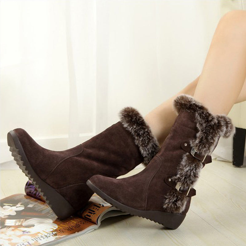 Brown New Winter Women Casual Warm Fur Mid-Calf Boots Shoes Women Slip-On Round Toe Flats Snow Boots Shoes Mostore.com