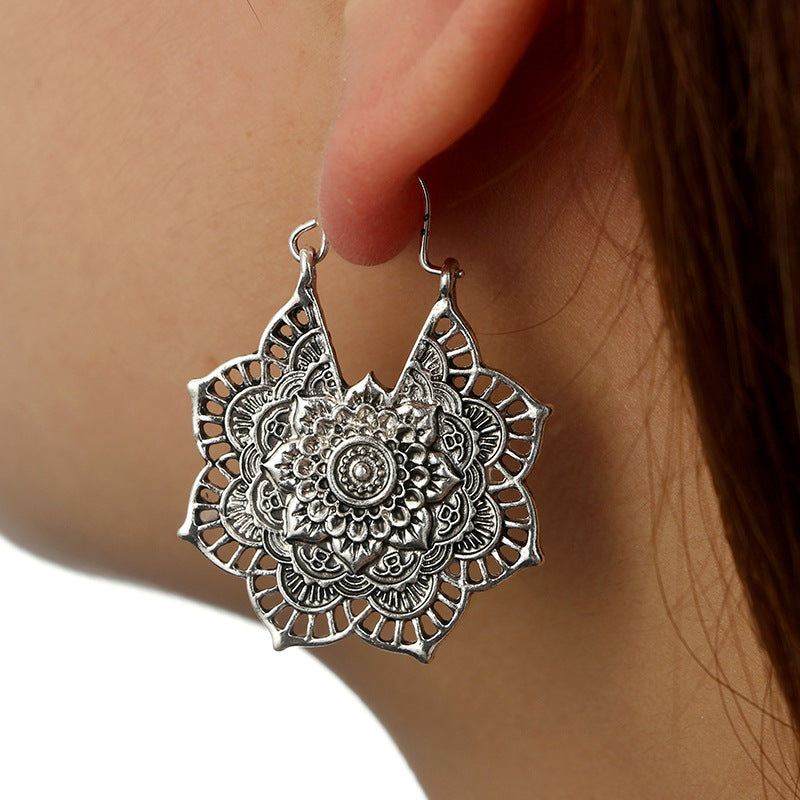 Vintage ethnic style metal openwork floral flower earrings Mostore.com