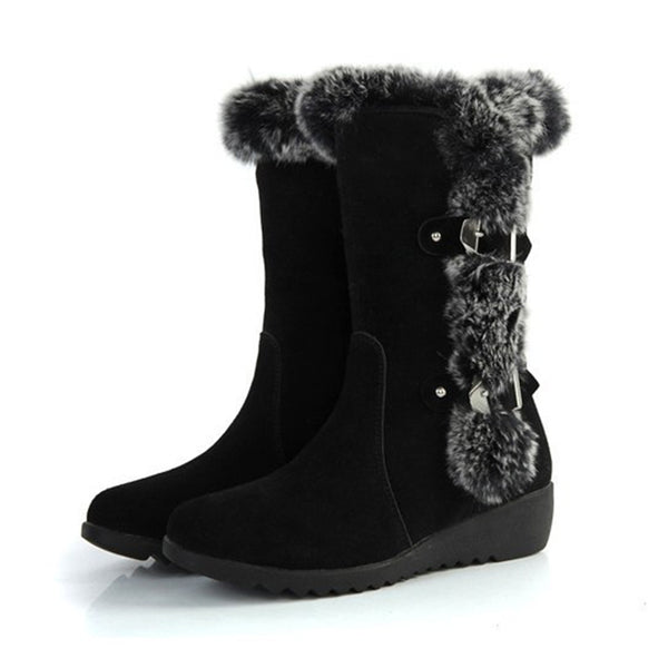 Brown New Winter Women Casual Warm Fur Mid-Calf Boots Shoes Women Slip-On Round Toe Flats Snow Boots Shoes Mostore.com