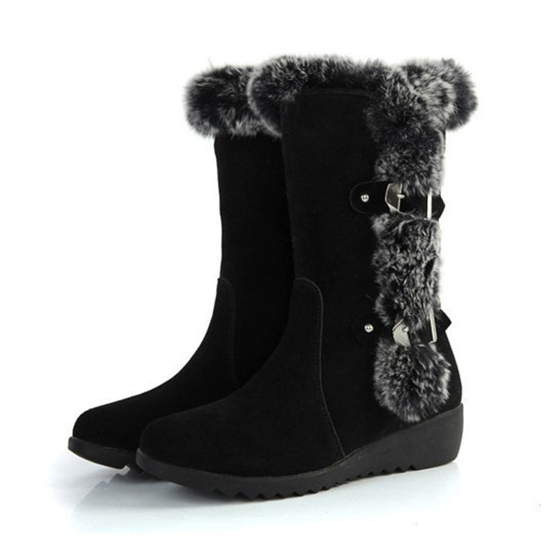 Brown New Winter Women Casual Warm Fur Mid-Calf Boots Shoes Women Slip-On Round Toe Flats Snow Boots Shoes Mostore.com