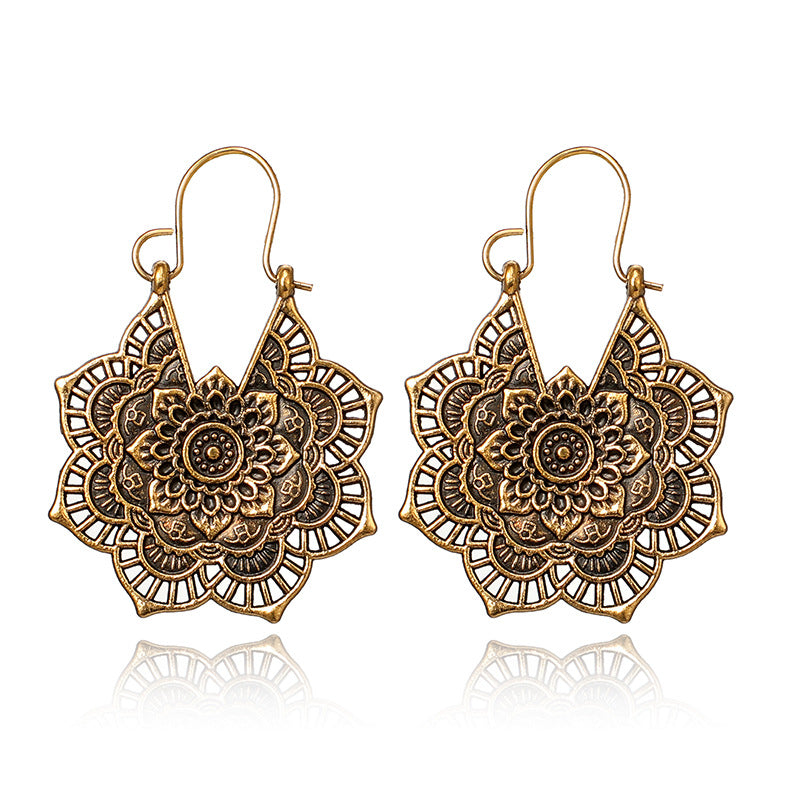 Vintage ethnic style metal openwork floral flower earrings Mostore.com
