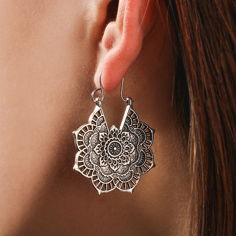 Vintage ethnic style metal openwork floral flower earrings Mostore.com
