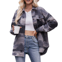 Geometric Print Jacket Shirt Winter Stand Collar Coats With Pockets Women's Outwear American Varieties