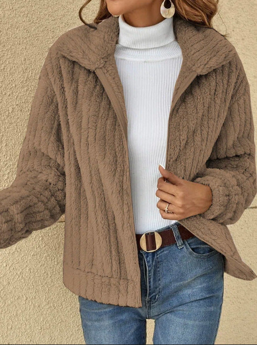 Women's Fleece Lapel Cropped Jacket American Varieties