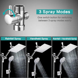 Stainless Steel Top Spray With Extension Rod 9 Function Handheld Dual Shower Set