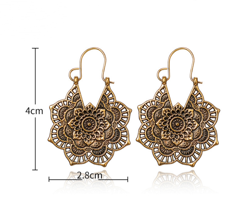Vintage ethnic style metal openwork floral flower earrings Mostore.com