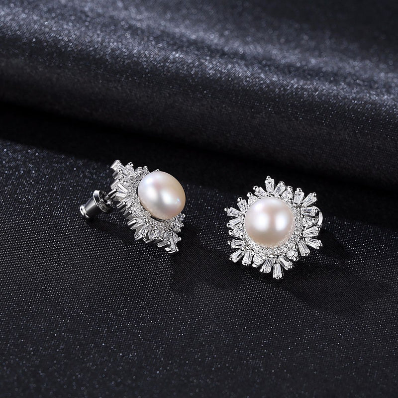 Sterling Silver Snowflake Stud Earrings Korean Gemstone Pearl Earrings Fashion Silver Mostore.com