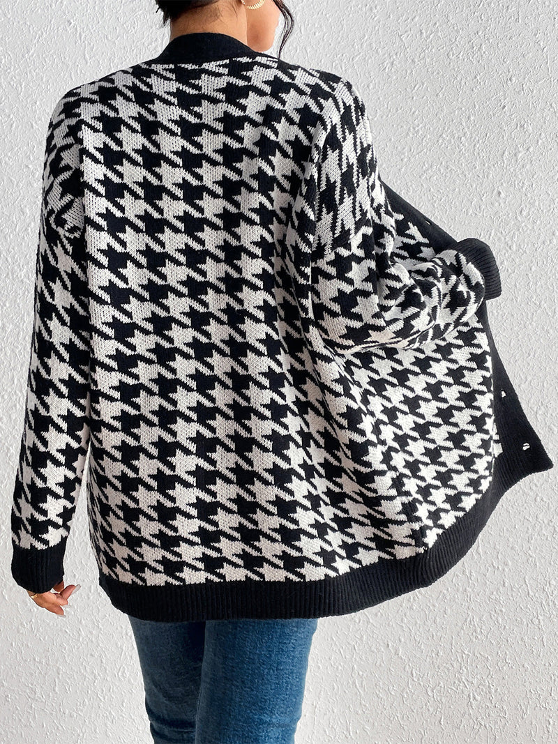 Houndstooth Button Down Cardigan Trendsi