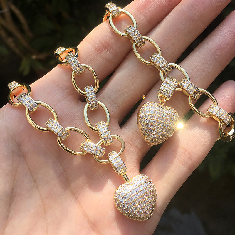 Micro Inlaid Heart-Shaped Necklace And Bracelet Set Mostore.com