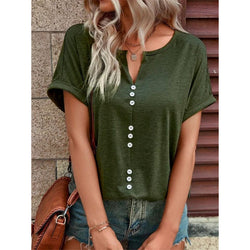 V-neck Short Sleeve Tops Shirt Summer Button Design Blouse