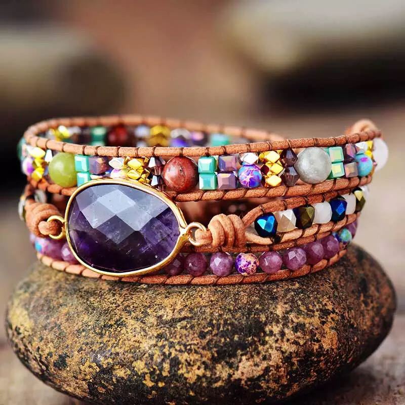 Ethnic Style Red Wood Grain Leather Rope Crystal Bracelet Mostore.com