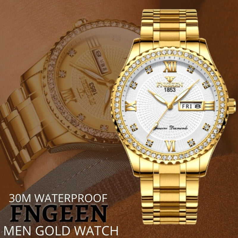 Men's Watch Gold Relojes De Hombre Classic Stainless Steel Quartz Diamond Watch Mostore.com