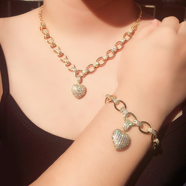 Micro Inlaid Heart-Shaped Necklace And Bracelet Set Mostore.com
