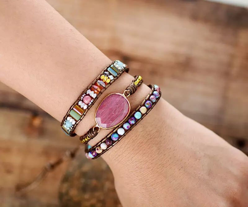 Ethnic Style Red Wood Grain Leather Rope Crystal Bracelet Mostore.com