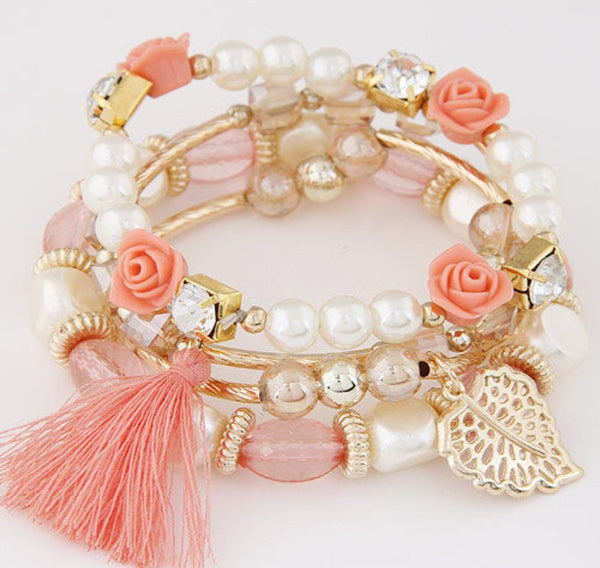 Fashion Trend Crystal Beads Pearl Leaf Fringe Bracelet Mostore.com