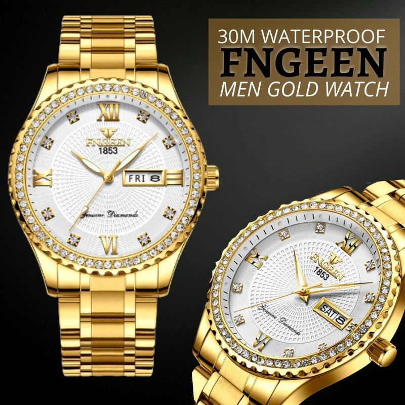 Men's Watch Gold Relojes De Hombre Classic Stainless Steel Quartz Diamond Watch Mostore.com