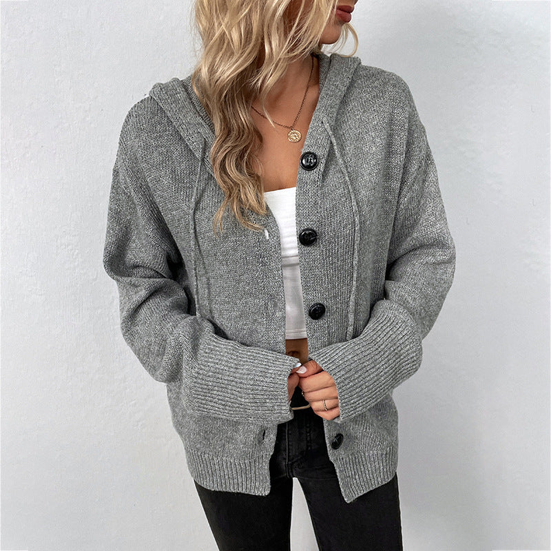 Solid Color Hooded Single-breasted Sweater Women's Cardigan Coat American Varieties
