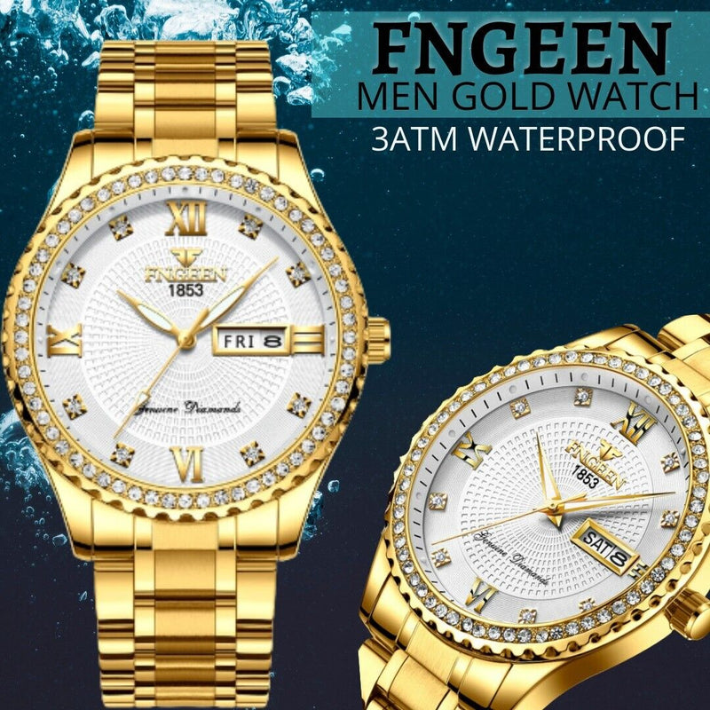 Men's Watch Gold Relojes De Hombre Classic Stainless Steel Quartz Diamond Watch Mostore.com