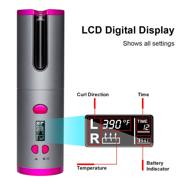 Automatic Hair Curler Curling Iron Wireless Ceramic USB Rechargeable With LED Digital Display Mostore.com