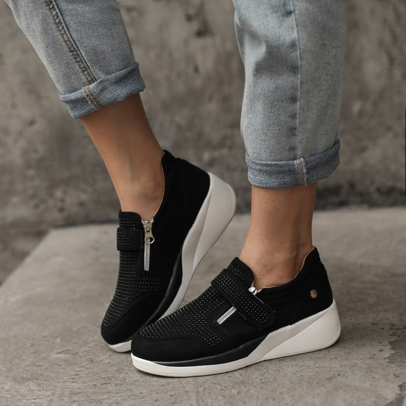Canvas Shoes Lovely Round Head Thick Bottom Rhinestone Velcro Single Shoes Mary Jane Women's Style Mostore.com