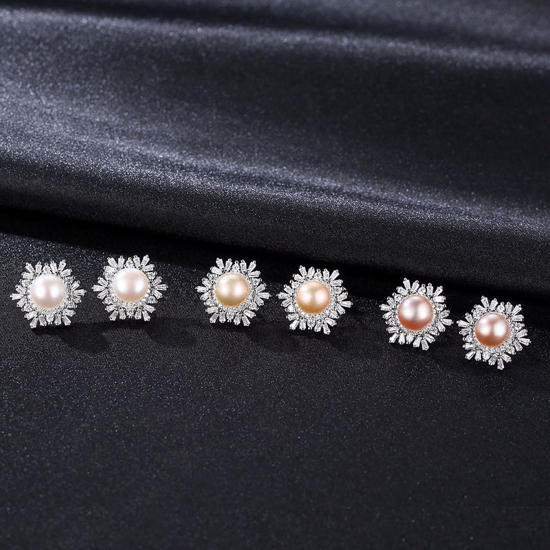 Sterling Silver Snowflake Stud Earrings Korean Gemstone Pearl Earrings Fashion Silver Mostore.com