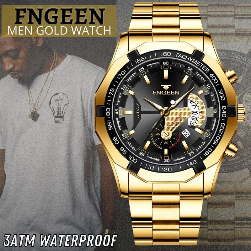 Waterproof Gold Men's Watch Classic Stainless Steel Quartz Wristwatch For MEN Mostore.com