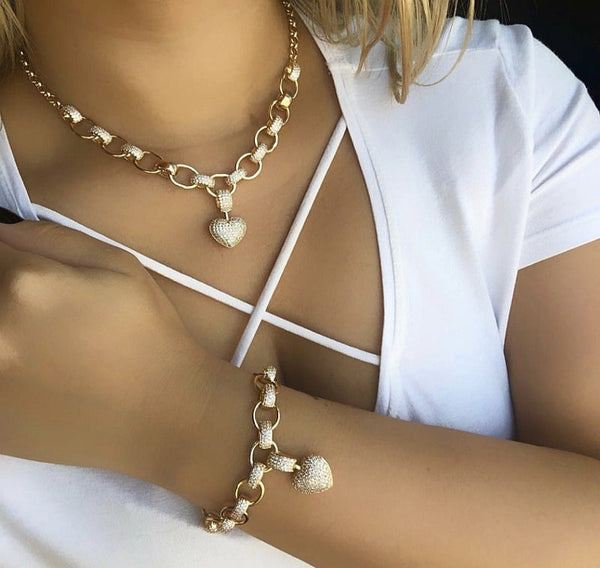Micro Inlaid Heart-Shaped Necklace And Bracelet Set Mostore.com