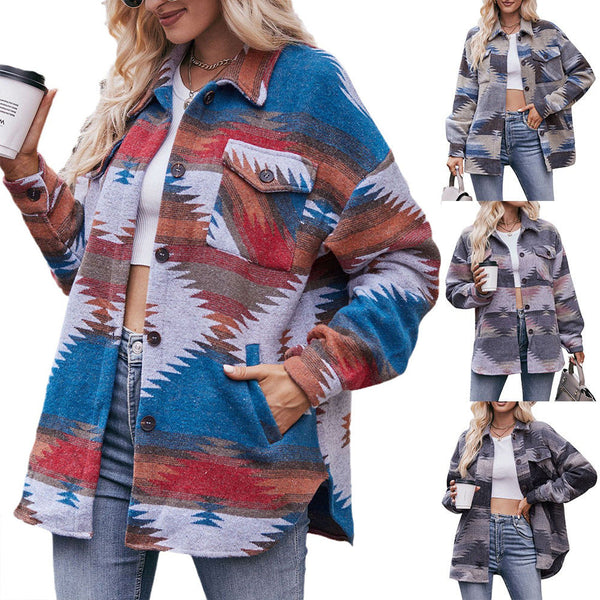 Geometric Print Jacket Shirt Winter Stand Collar Coats With Pockets Women's Outwear American Varieties
