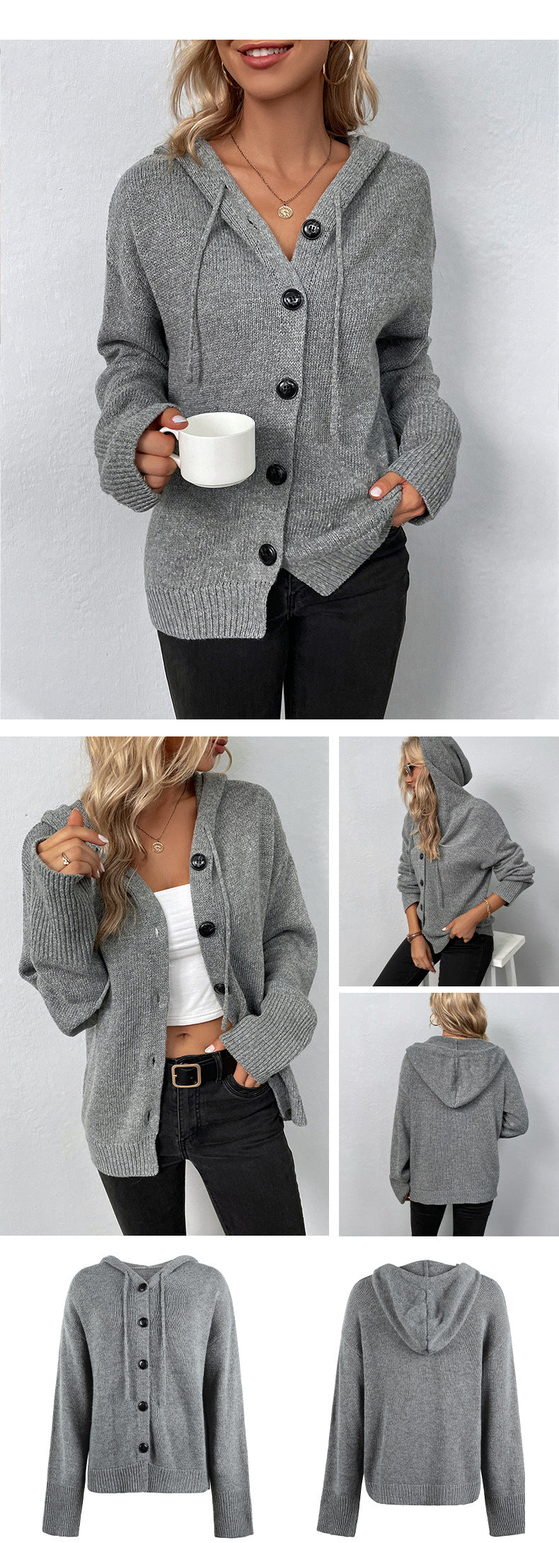 Solid Color Hooded Single-breasted Sweater Women's Cardigan Coat American Varieties