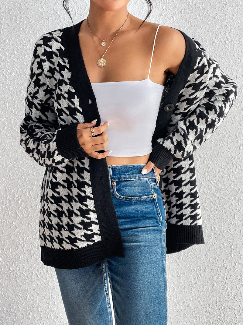 Houndstooth Button Down Cardigan Trendsi