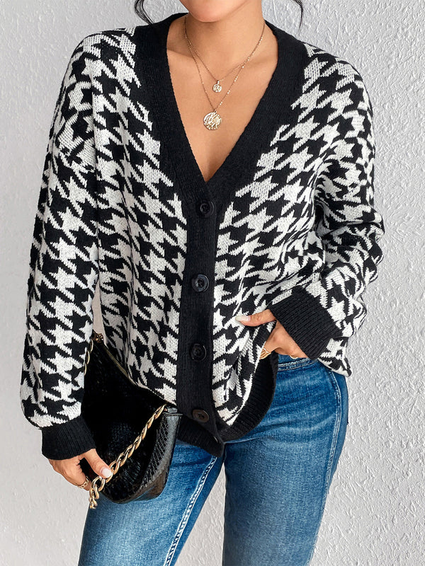 Houndstooth Button Down Cardigan Trendsi