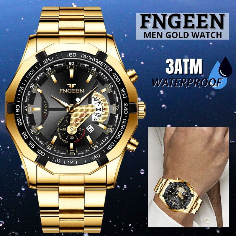 Waterproof Gold Men's Watch Classic Stainless Steel Quartz Wristwatch For MEN Mostore.com