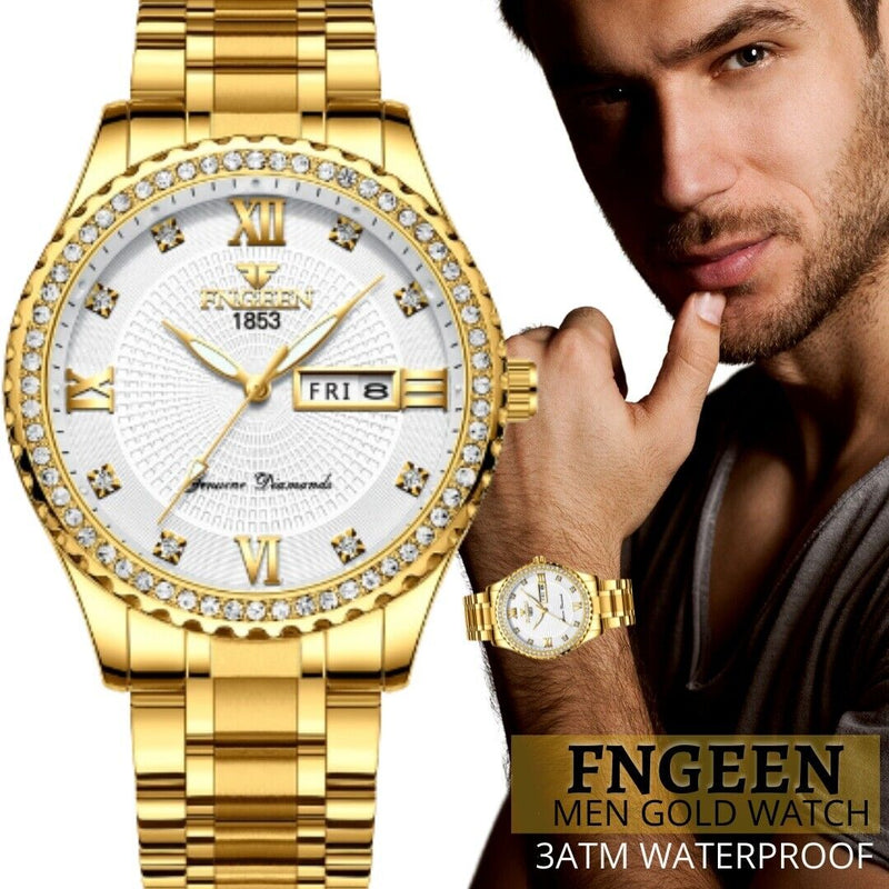 Men's Watch Gold Relojes De Hombre Classic Stainless Steel Quartz Diamond Watch Mostore.com
