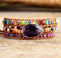 Ethnic Style Red Wood Grain Leather Rope Crystal Bracelet Mostore.com