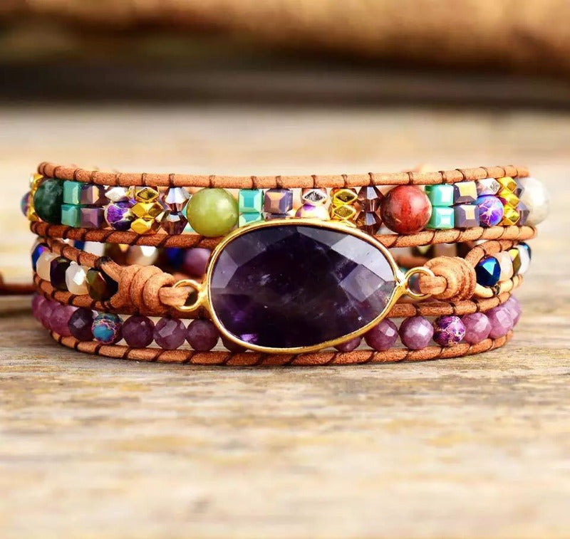 Ethnic Style Red Wood Grain Leather Rope Crystal Bracelet Mostore.com