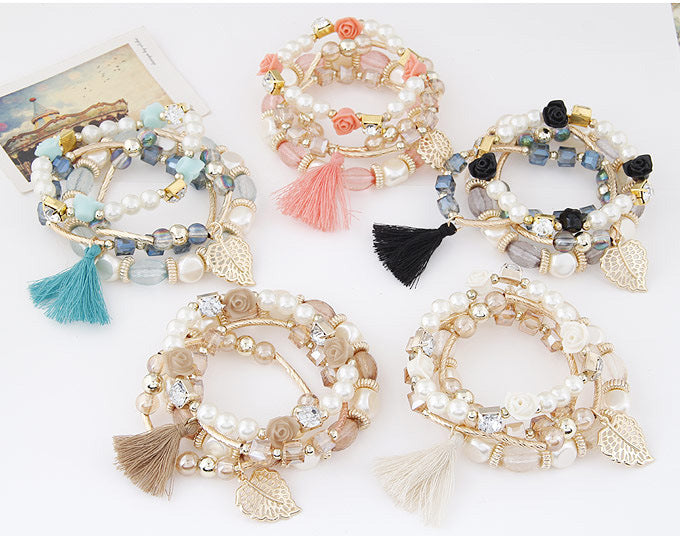 Fashion Trend Crystal Beads Pearl Leaf Fringe Bracelet Mostore.com