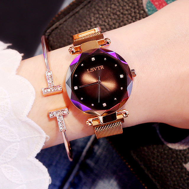 Rose Gold Women Watches Fashion Diamond Ladies Starry Sky Magnet Watch Waterproof Female Wristwatch Mostore.com