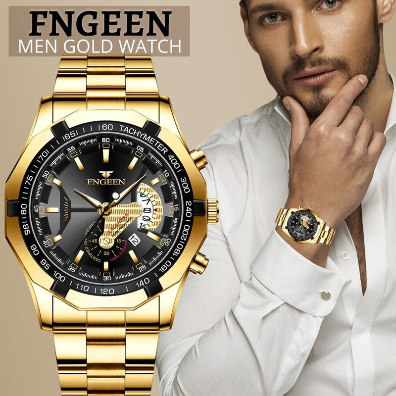 Waterproof Gold Men's Watch Classic Stainless Steel Quartz Wristwatch For MEN Mostore.com